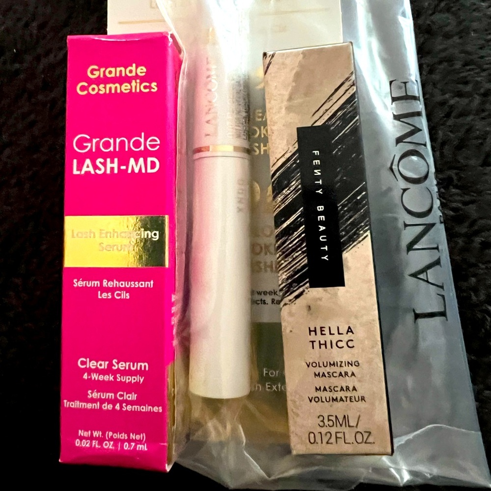 Mascara, primer, grande lash. Luxury makeup minis. Lancôme, Fenty, Grande Lash